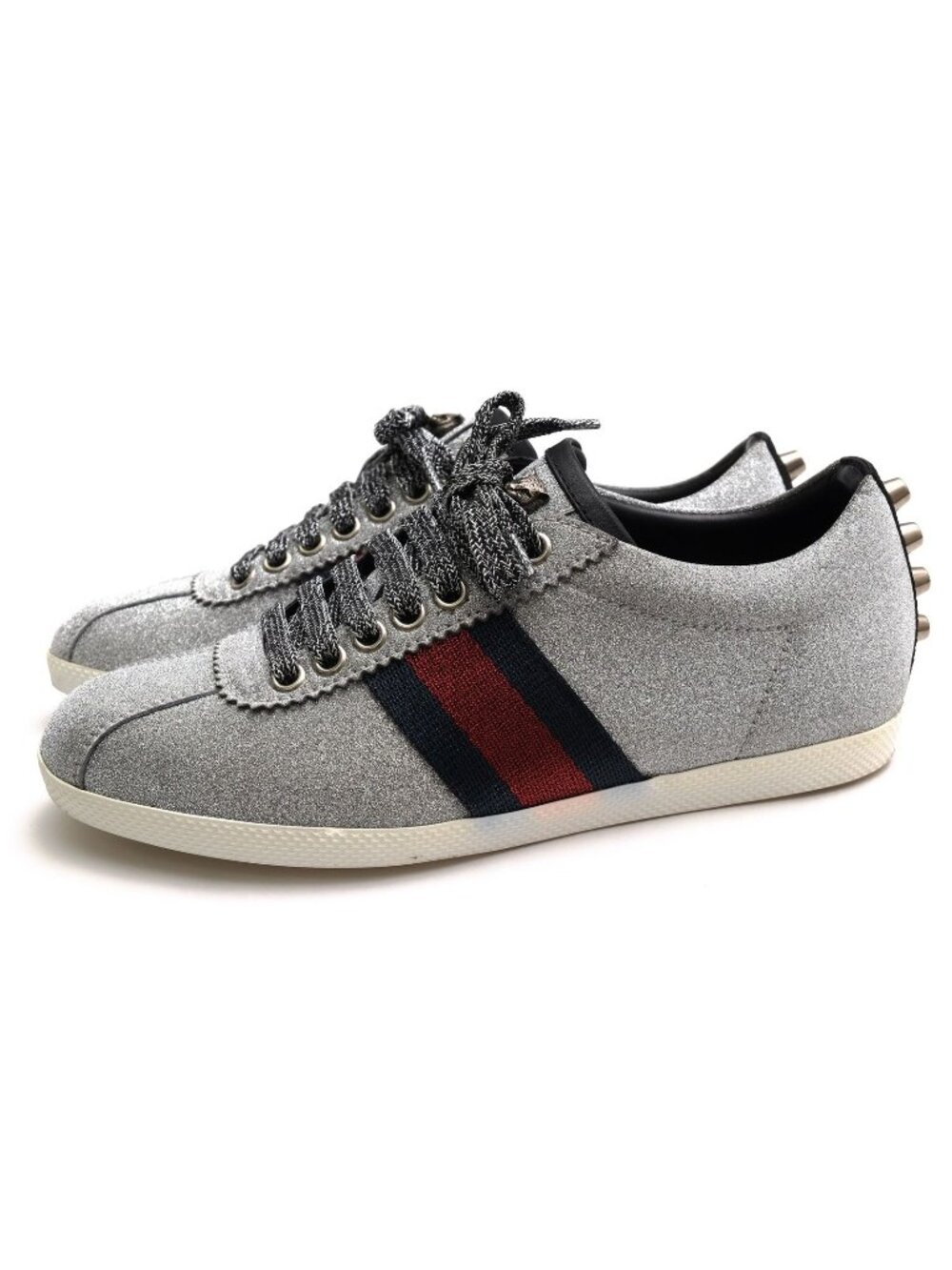 Gucci Sneakers Low Cut Leather Silver Bambi GG Low Top Signature Web Studs